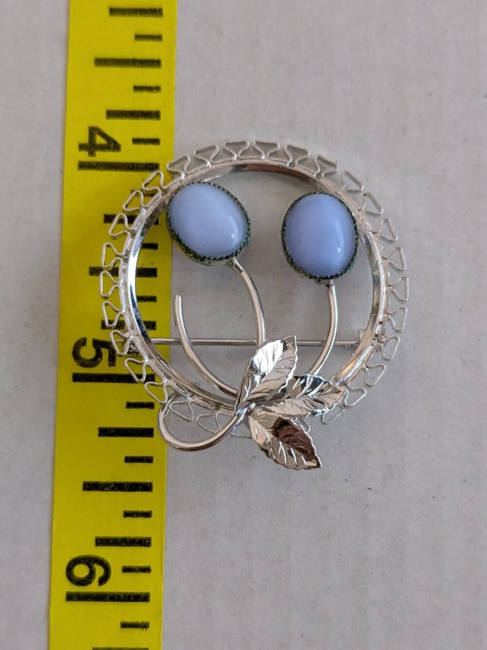 Vintage Blue Moonstone Plum Leaf Motif Circle Silver Tone Brooch Pin